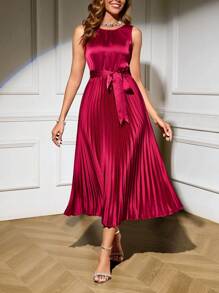 SHEIN Clasi Women's Solid Color Round Neck Sleeveless Pleated Hem Elegant Mid-Length Dress - Burgundy - View 4