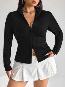 SHEIN ICON ICON Plus Size Women's Black Knitted Jacket - Black - View 5
