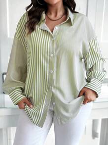 Elenzga Plus Size Casual Striped Patchwork Shirt, Autumn Fall Cloth For Women - Green - View 5