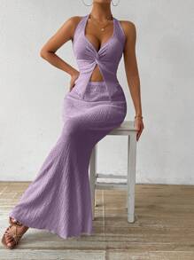 Chiquease 2 件套女士纯色休闲无袖上衣和裙子套装 - 紫色 - 查看 5