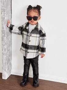 SHEIN Bộ 3 món áo khoác kẻ caro cho bé gái, quần da PU, áo cổ lọ đan, mùa thu/đông - Đen và trắng - Xem 4