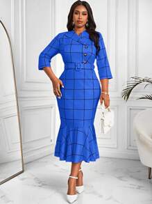 SHEIN Lady 大码女士商务专业粉色格子连衣裙，配有荷叶边和缺口领秋季连衣裙冬季连衣裙热粉色连衣裙教师连衣裙婚礼女士连衣裙 - 寶藍色 - 查看 3