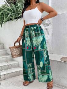 SHEIN LUNE Quần dài đi nghỉ thường ngày in họa tiết cỡ lớn cạp chun - màu xanh lá - Xem 5
