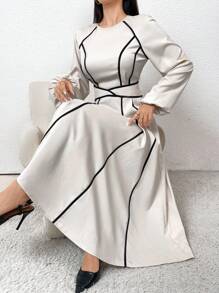 Modelyn 束腰蝴蝶结点缀色块休闲优雅通勤派对连衣裙长款晚礼服 - 卡其色 - 查看 6