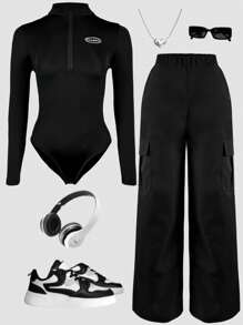 SHEIN 2 件套青少年女孩连体裤，含长袖上衣和阔腿裤 - 黑色 - 查看 1