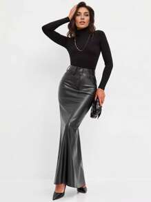 SHEIN Privé 2 Stücke elegantes Business Damen Set aus schwarzem Top und PU Rock - Schwarz - Übersicht 2