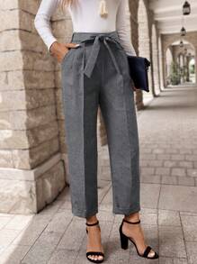 EMERY ROSE Women's Elegant Office Wear Pleated Cone Pants With Pocket & Waist Tie - Grey - View 6
