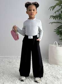 SHEIN Pantalones rectos de pierna ancha de unicolor con parche de letra, informal, a juego para madre e hija, estilo preppy, excelente para uso casual, diario y escolar en verano y otoño-invierno