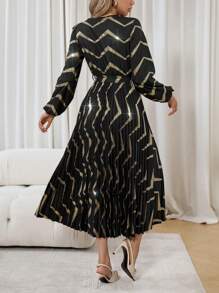 Chiquease Women's Spring & Summer V-Neck Lantern Sleeve Elegant Overlap Striped Foil Dress - Black - View 2