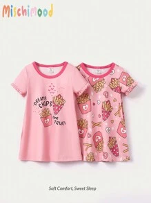2pcs Baby Girls' French Fries Printed Dress With Ruffle Hem And Matching Home Wear Set - Multicolor - View 1