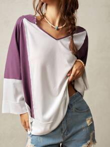 Bohemela 女士休闲针织拼色 V 领露背 3/4 袖宽松 T 恤