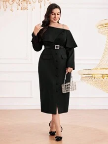 Modelyn Vestido Longo de Festa Casual com Botões na Frente, Bolso, Manga Longa e Ombro Assimétrico, Cor Sólida, Plus Size
