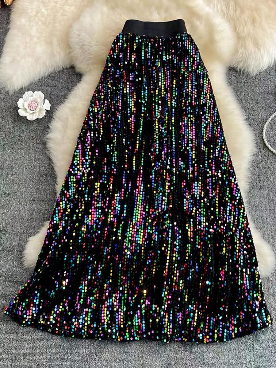 SHEIN Clasi Falda maxi con aplicaciones de lentejuelas para mujer talla grande, para otoño/invierno - Negro - Ver 1