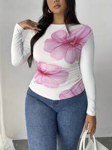 Firerie Plus Size Elegant & Comfy Floral Printed Mesh Round Neck Long Sleeve Versatile Women Top - White - View 4