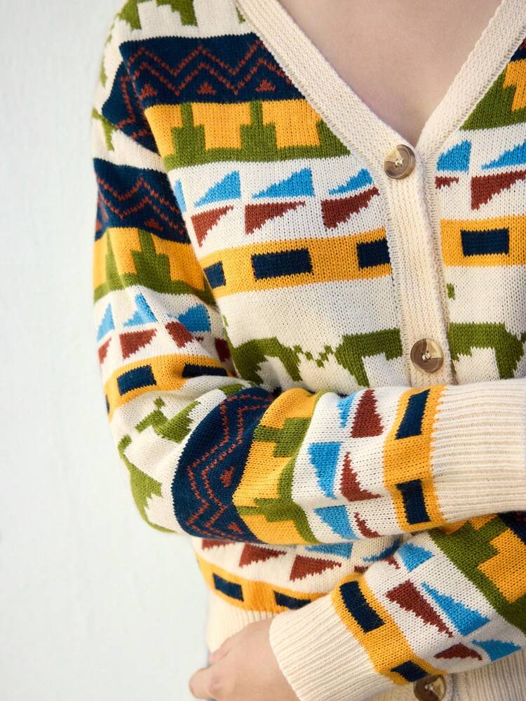 SHEIN Maija Women's Elegant Geometric Jacquard Single-Breasted Casual Long Sleeve Cardigan, Autumn/Winter