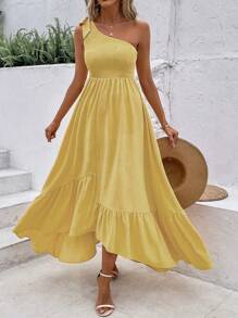 Breezaya Đầm Maxi Đi Biển Thời Trang Cho Nữ Không Đối Xứng Vai Không Đối Xứng Viền Xếp Ly - Màu vàng - Xem 8