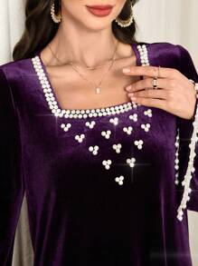 Al Najma Women's Faux Pearl Decor Square Neck Bell Sleeve Elegant Arabian Dress, Elegant Modest Long Sleeve A Line Arabian Dresses, For Evening Party/Wedding Guest/Anniversary - Purple - View 5