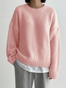DAZY Loose Fit Solid Color Drop Shoulder Knit Sweater, Autumn/Winter,Fall Women Clothes - Pink - View 2