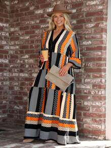 SHEIN LUNE Plus Size Casual Holiday Color Block Polka Dot Print Notched Neck Flare Sleeve Dress