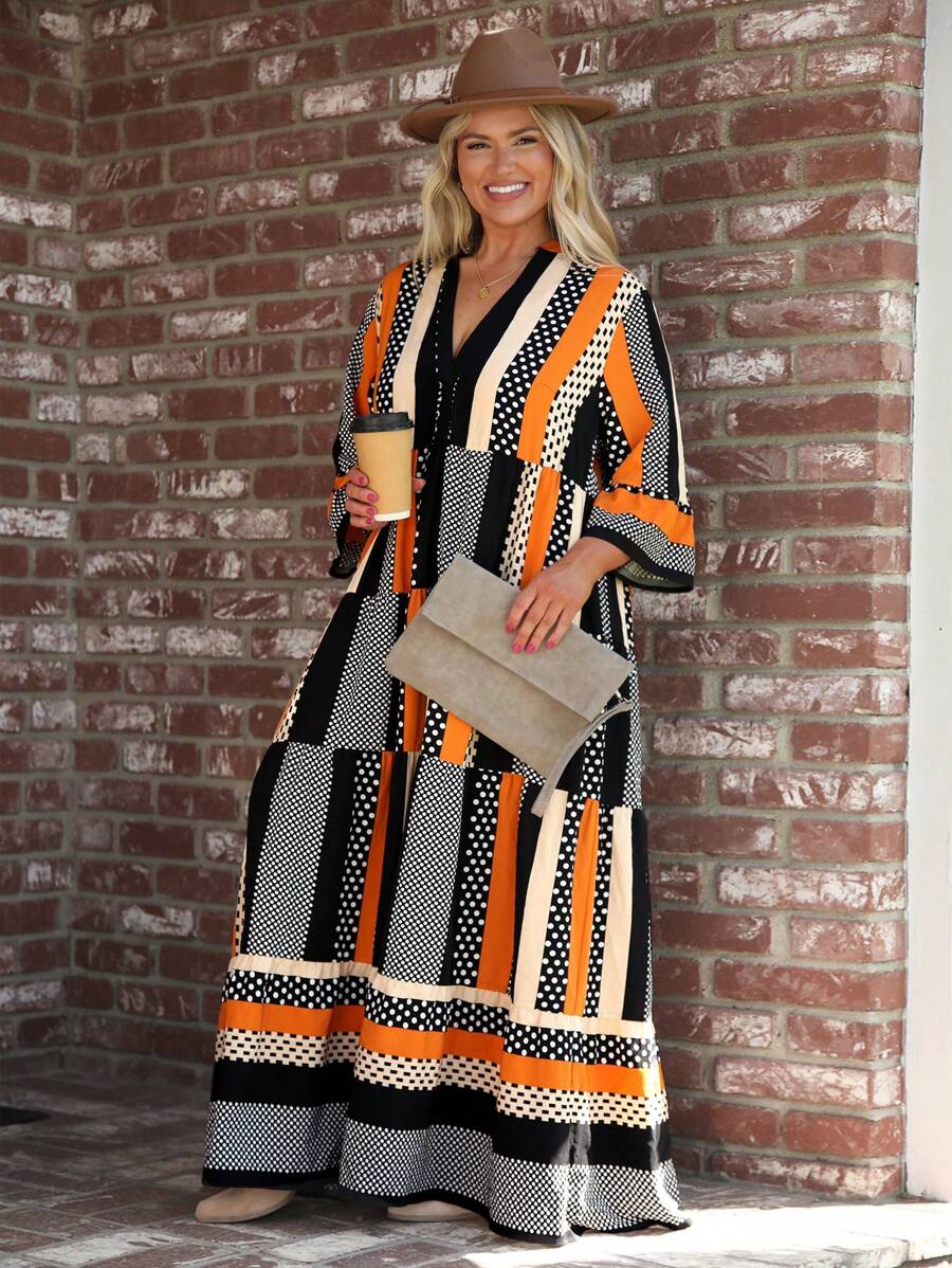 SHEIN LUNE Plus Size Casual Holiday Color Block Polka Dot Print Notched Neck Flare Sleeve Dress