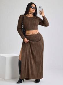 SHEIN ICON ICON Damen Große Größen Braun Rundhals Langarm Bodycon Kleid mit Schlitz im Rock 2-teiliges Set - Kaffeebraun - Übersicht 3