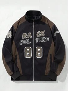 Manfinity Campus Court 男士秋季休闲拼色字母印花夹克 - 黑色 - 查看 1