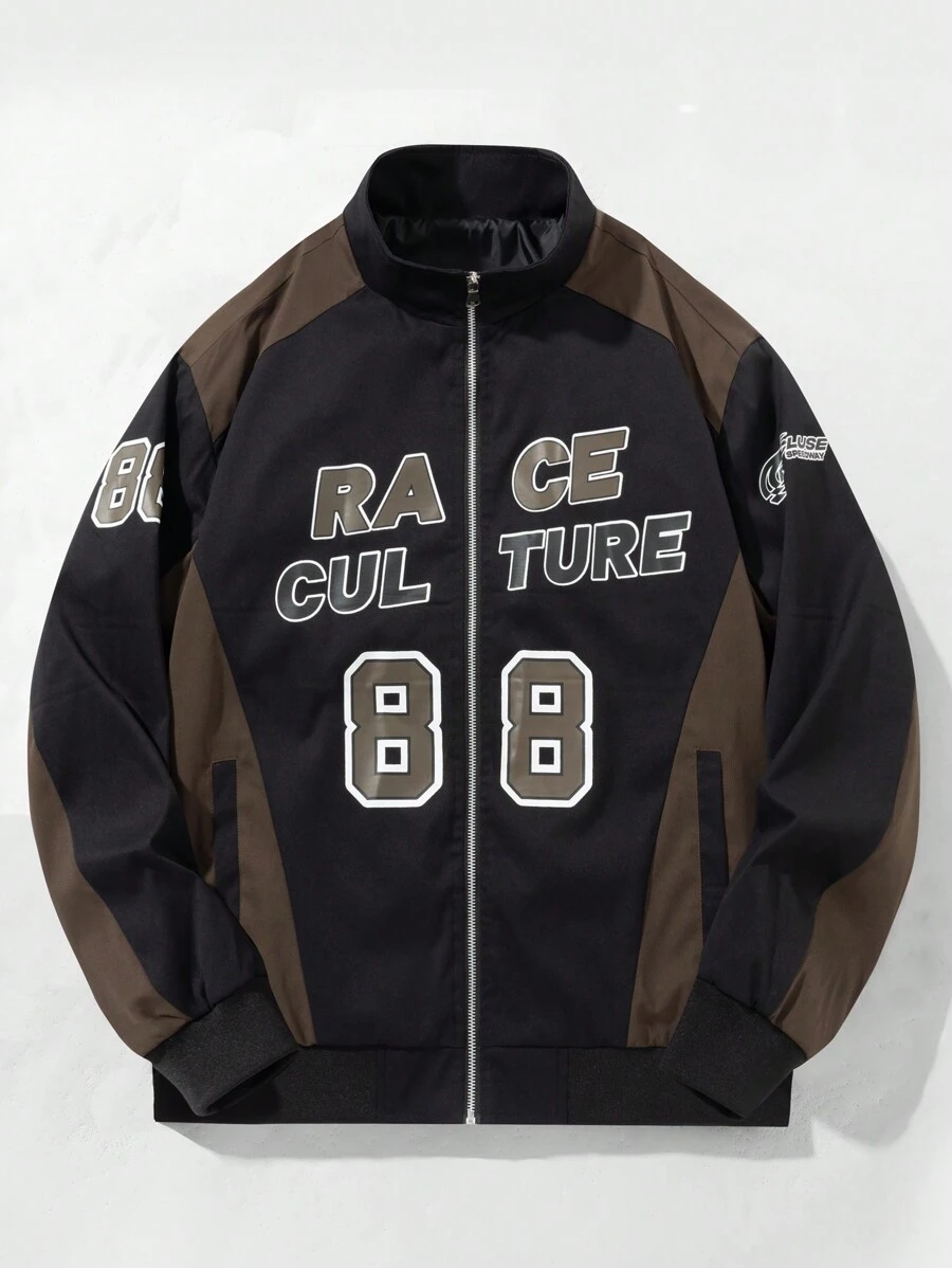 Manfinity Campus Court 男士秋季休闲拼色字母印花夹克 - 黑色 - 查看 1