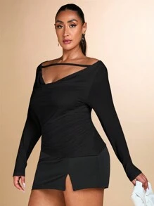 SHEIN BAE Plus Size Women's Elegant Sexy Fashion Versatile Knitted Elastic Solid Color Beige Open Shoulder Hollow Ruched Fitted Long Sleeve T-Shirt