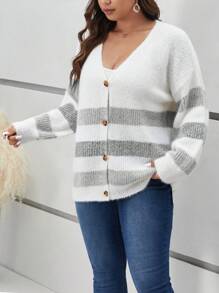 SHEIN Frenchy Plus Size Women Colorblock Knit Cardigan With Button Decor, Long Sleeve