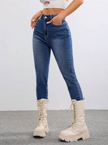 SHEIN EZwear Jeans de pierna ancha con lavado, moda gótica Y2K de los 90, con bordado de cruz impreso para mujer