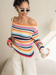 INAWLY Women's Striped Off-Shoulder Long Sleeve Cropped Fitted Sweater, Autumn/Winter