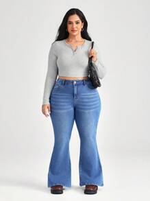 SHEIN CURVE+ Blue Plus Size Jeans Skinny Stretch Flared Pants Comfortable And Versatile - Medium Wash - View 6