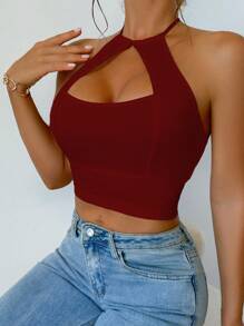 VaVaBold Women's Sexy Halter Micro Crop Top Burgundy Knitted Fabric Cut Out Tank Top - Burgundy - View 3