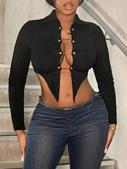 BamGleam 女士纯色不对称下摆时尚合身翻领长袖 T 恤