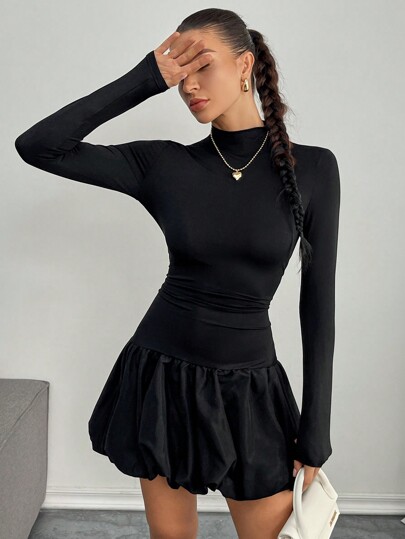 SHEIN Essnce Vestido midi elegante de mujer con bajo con aplicación de flores, otoño, vestido para despedida de soltera, vestido Y2K, vestido con bajo de farol negro, vestido con bajo de capullo de flor/volantes/look de cumpleaños/burbuja/vestido negro de graduación/vestido negro de manga larga/vestido con mangas/vestido negro mini/vestido esponjoso