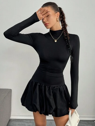 SHEIN Essnce 女士优雅拼布花卉下摆中长连衣裙，秋季，单身女郎连衣裙 Y2k 连衣裙，黑色灯笼裙下摆连衣裙/花蕾下摆/荷叶边/生日装/泡泡袖/黑色返校节连衣裙/黑色长袖连衣裙/带袖连衣裙/黑色迷你连衣裙/蓬松连衣裙/