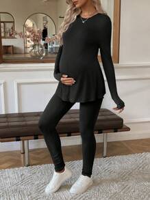SHEIN 2pcs Maternity Solid V-Neck Long Sleeve Top And Pants Set - Black - View 7