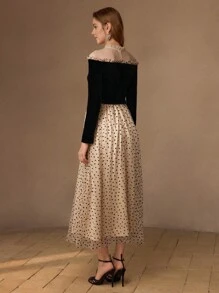 MOTF PREMIUM MESH PANEL HEART PRINT FRILL MOCK NECK BELTED LONG DRESS, WOMEN OUTFIT - Black - View 4