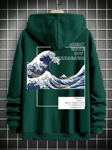 宽松版型男式标语和波浪印花袋鼠口袋抽绳连帽衫 - 墨綠色 - 查看 4