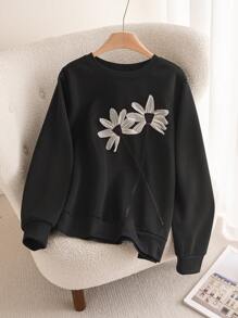 SHEIN Frenchy 大码圆领长袖 3D 花卉装饰简约休闲运动衫 - 彩色 - 查看 5
