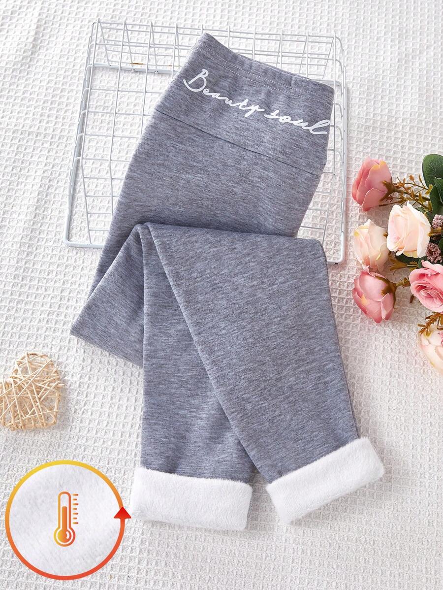 SHEIN Sparklyn Tween Girl Grey Letter Print Casual Comfortable Long Leggings - Grey - View 1