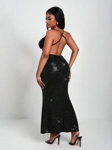 Slaydiva Black Glitter Knitted Long Dress, Elegant Hollow-Out Fitted Party Dress Suitable For Party, Valentine's Day, Date Night - Black - View 11
