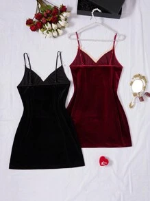 SilkySpell 2 pezzi/Set Camicia da notte da donna in velluto con inserti in pizzo, spalline a spaghetti, abbigliamento autunno inverno