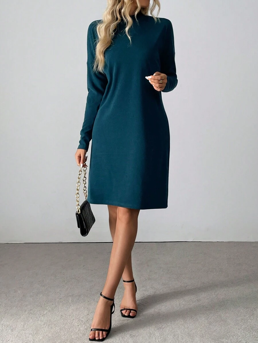 SHEIN Clasi Women Casual Long Sleeve Loose Dress With Stand Collar, Spring Autumn Fall Cloth For Women - Green - View 1