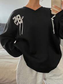 DAZY Sudadera holgada con cuello en V, mangas largas, estampado numérico y bloques de color con lazo para mujer, ropa de mujer para otoño - Negro - Ver 3