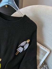 SHEIN LUNE Plus Size Round Neck Long Sleeve Person Graphic Minimalist Casual Pullover Sweater Knit Pullover Fall Winter - Black - View 3