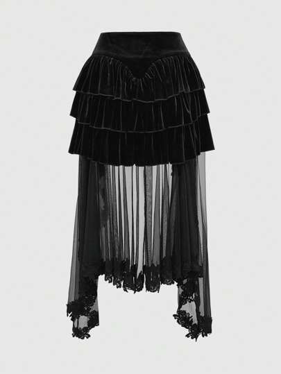 Goth Gorgeous Gothic Party 3-Tier Velvet Ruffles Patchwork Asymmetrical Mesh Hem, Black Skirt