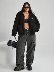 SHEIN ICON ICON Plus Size Women's Black Sherpa Fleece Jacket With Pockets And Lapel Collar - Black - View 3