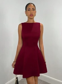 SHEIN BAE Women's Solid Color Elastic Waist A-Line Midi Dress, For Elegant Occasions, Autumn,Elegant Dresses For Party - Burgundy - View 4