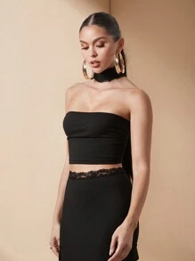 Lumalex Fall Thanksgiving Outfit New Years Thanksgiving Rave Festival Outfits Formal Prom New Years Eve Outfit Maxi 2pcs Sexy Women Outfits Elegant Leisure Fall Clothes Lace Strapless Bustier Top & Extra Long Cargo Pants Set - Black - View 1